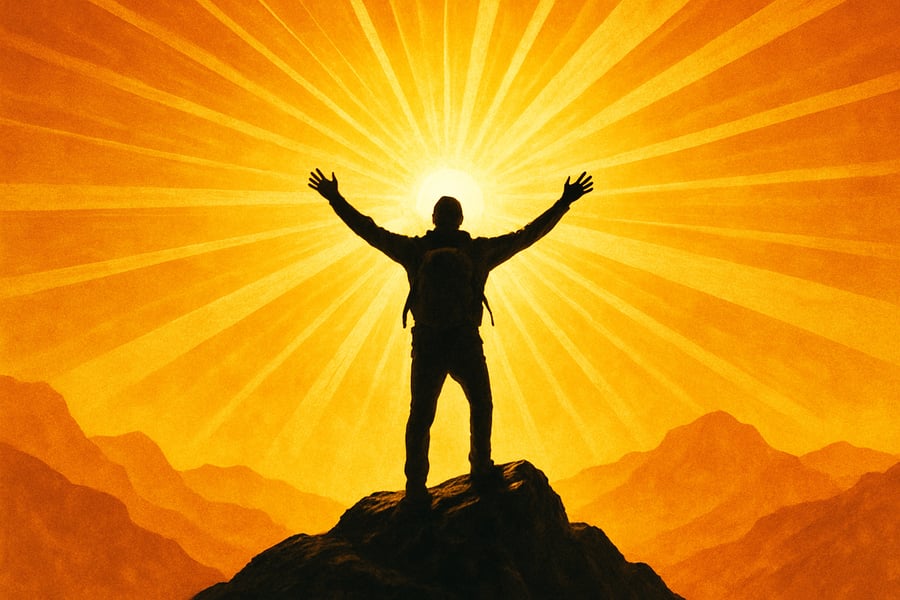 Person reaching summit and radiating light Person reaching summit and radiating light